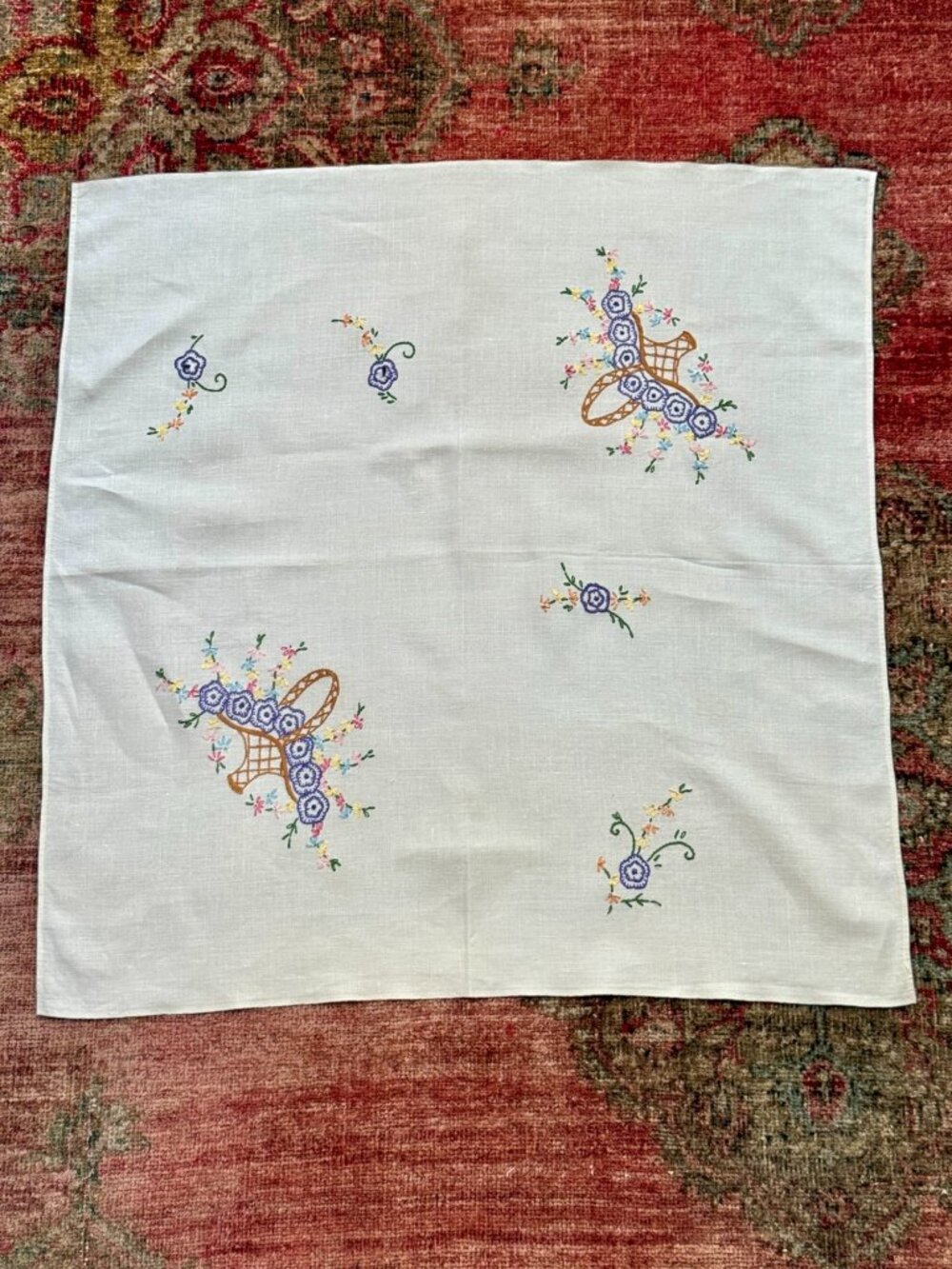 Vintage 1950s White Linen Small Tablecloth or Tea Towel With Embroidered Purple